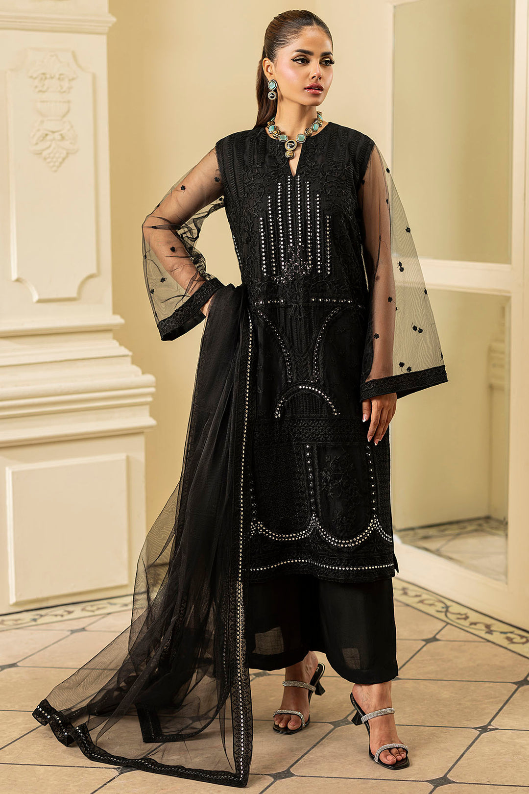 5352-ONYX EMBROIDERED SILK NET STITCHED