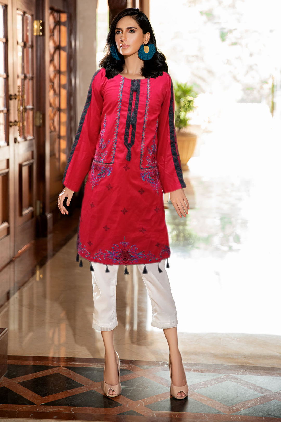 2338-PERSIAN-RED EMBROIDERED LAWN STITCHED