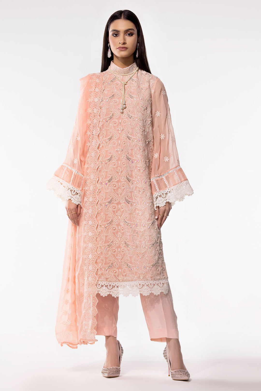 3470-LIME-STONE EMBROIDERED BEMBERG CHIFFON UNSTITCHED