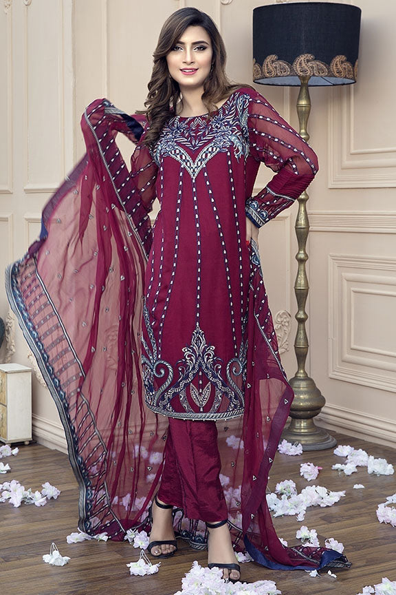 1029-MAROON EMBROIDERED CRINKLE CHIFFON STITCHED