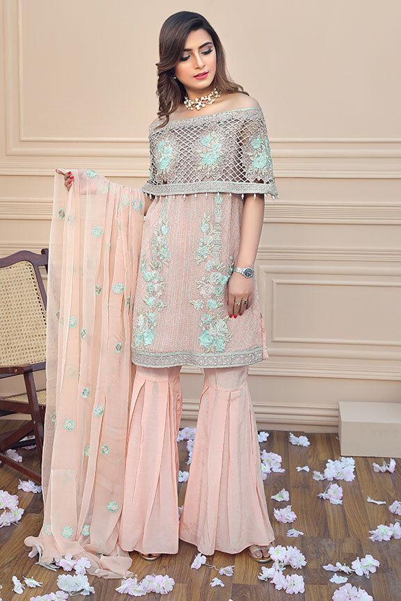 1031-PEACH EMBROIDERED BEMBERG CHIFFON STITCHED