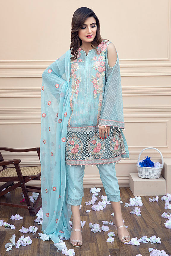 1031-SKY-BLUE EMBROIDERED BEMBERG CHIFFON STITCHED
