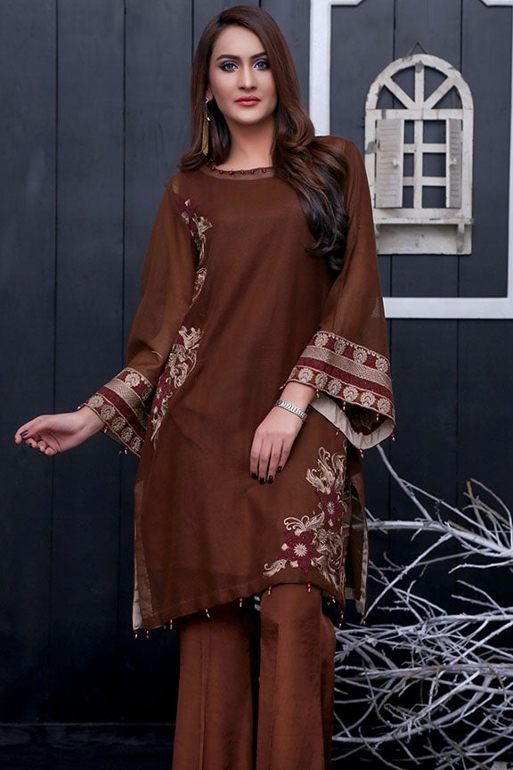 1729-BROWN EMBROIDERED COTTON NET UNSTITCHED