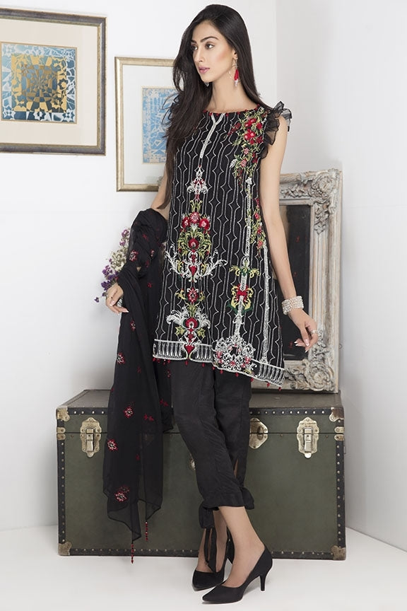 1731-BLACK EMBROIDERED CRINKLE CHIFFON UNSTITCHED