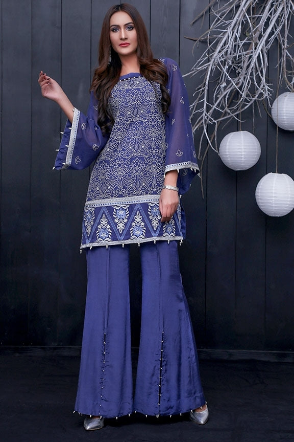 1736-ROYAL-BLUE EMBROIDERED COTTON NET UNSTITCHED