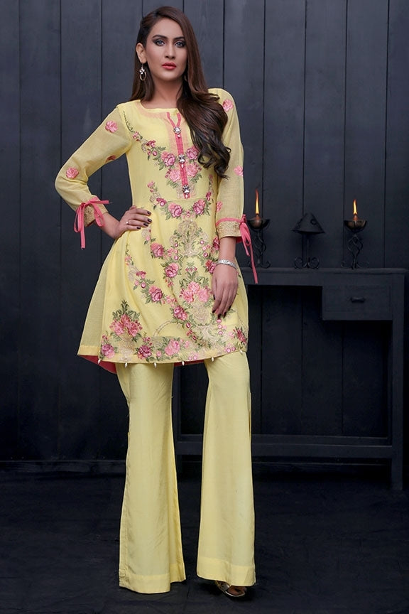 1742-YELLOW EMBROIDERED COTTON NET UNSTITCHED