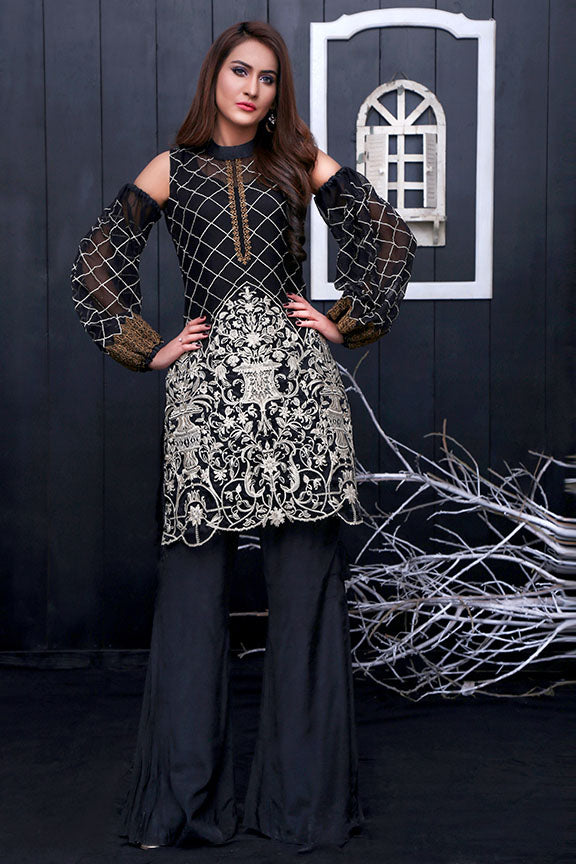 1747-BLACK EMBROIDERED COTTON NET UNSTITCHED