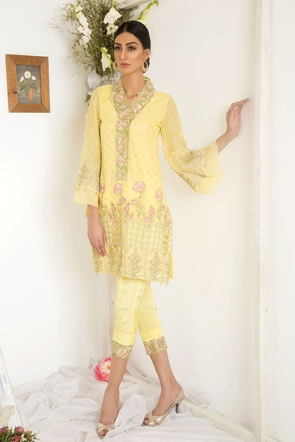 1750-YELLOW EMBROIDERED COTTON NET UNSTITCHED