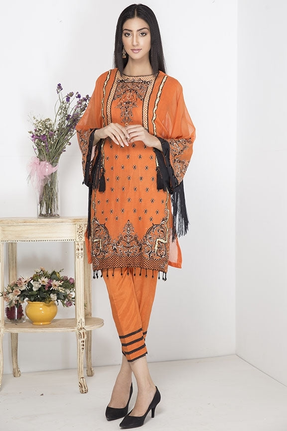 1858-ORANGE EMBROIDERED COTTON NET UNSTITCHED