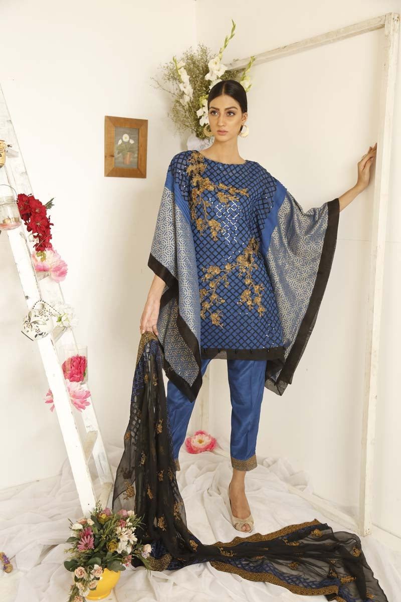 1865-LAPIS-BLUE EMBROIDERED BEMBERG CHIFFON UNSTITCHED
