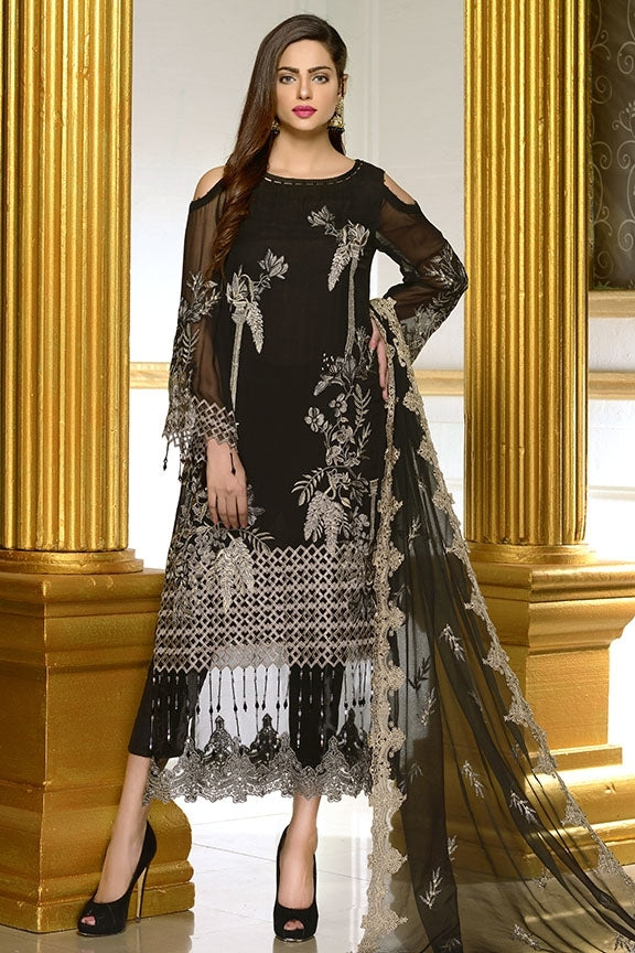 1939-BLACK EMBROIDERED BEMBERG CHIFFON UNSTITCHED