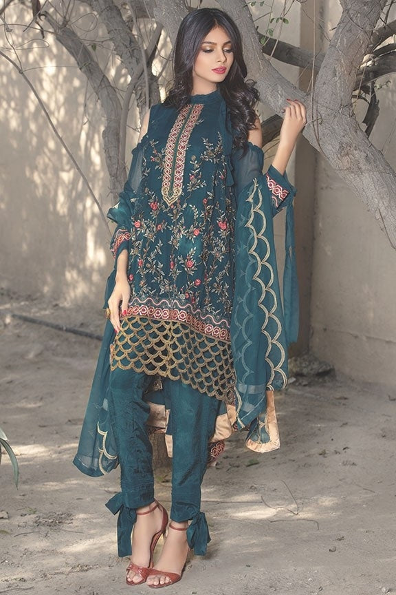 2011-TEAL-GREEN EMBROIDERED BEMBERG CHIFFON STITCHED