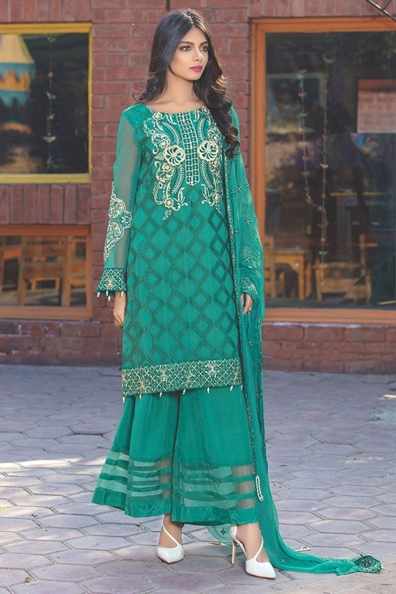 2013-GREEN EMBROIDERED BEMBERG CHIFFON UNSTITCHED
