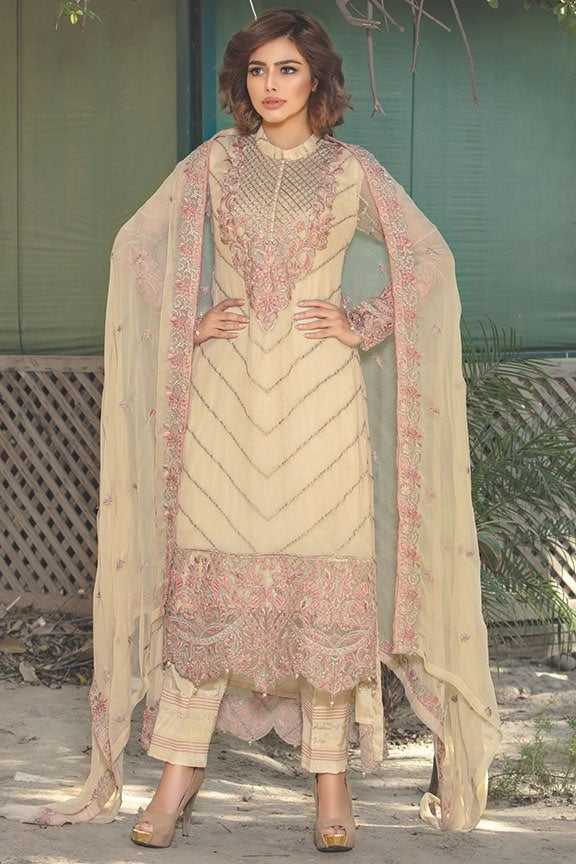 2014-BEIGE EMBROIDERED BEMBERG CHIFFON STITCHED