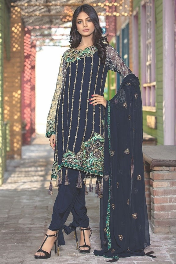 2015-NAVY-BLUE EMBROIDERED BEMBERG CHIFFON UNSTITCHED