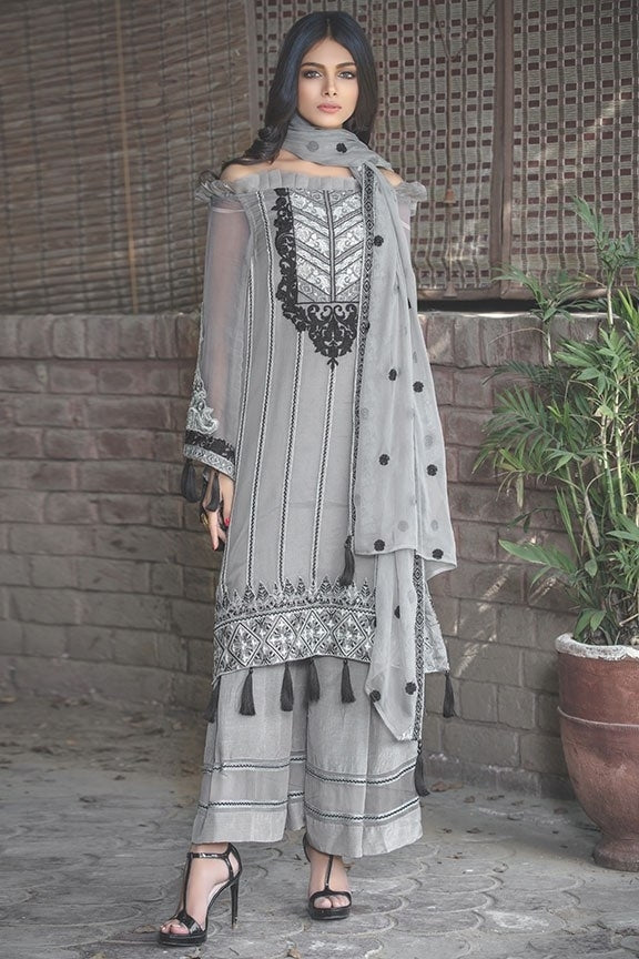 2016-GREY EMBROIDERED BEMBERG CHIFFON STITCHED