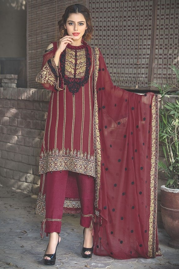 2016-Maroon Large Embroidered Bemberg Chiffon Stitched  Motifz