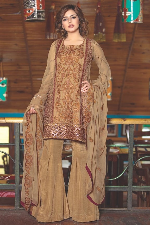 2017-BROWN EMBROIDERED BEMBERG CHIFFON UNSTITCHED