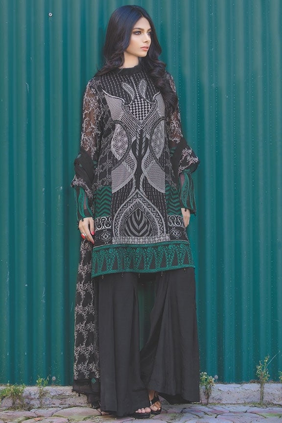 2018-BLACK EMBROIDERED BEMBERG CHIFFON UNSTITCHED