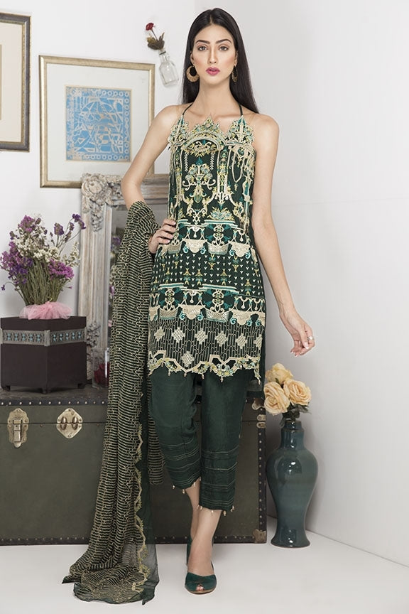 2020-BOTTLE-GREEN EMBROIDERED CRINKLE CHIFFON UNSTITCHED