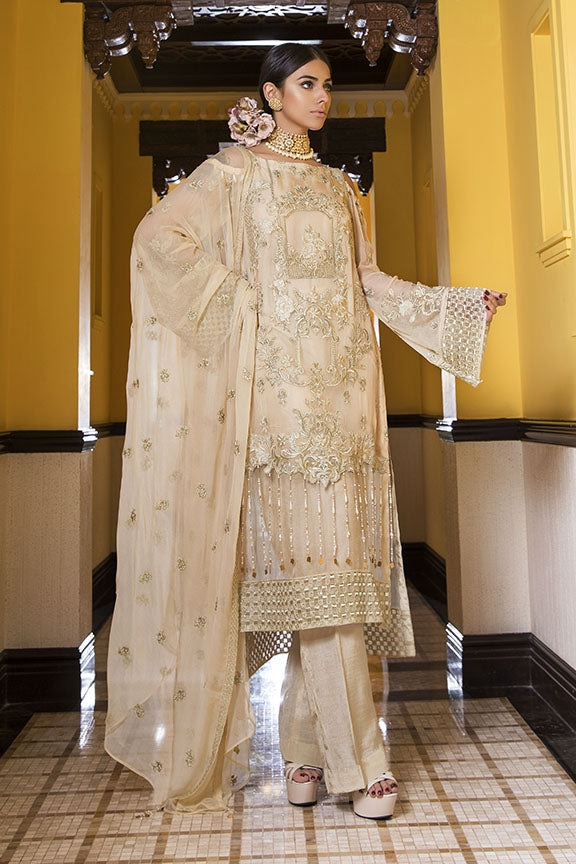 2122-COTTON-CREAM EMBROIDERED BEMBERG CHIFFON UNSTITCHED
