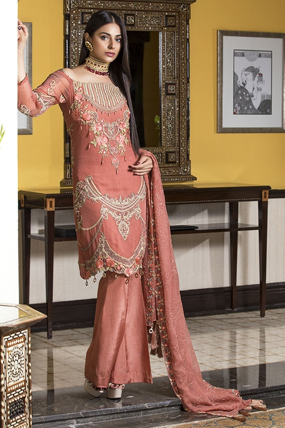 2123-CORAL-QUARTZ EMBROIDERED BEMBERG CHIFFON UNSTITCHED