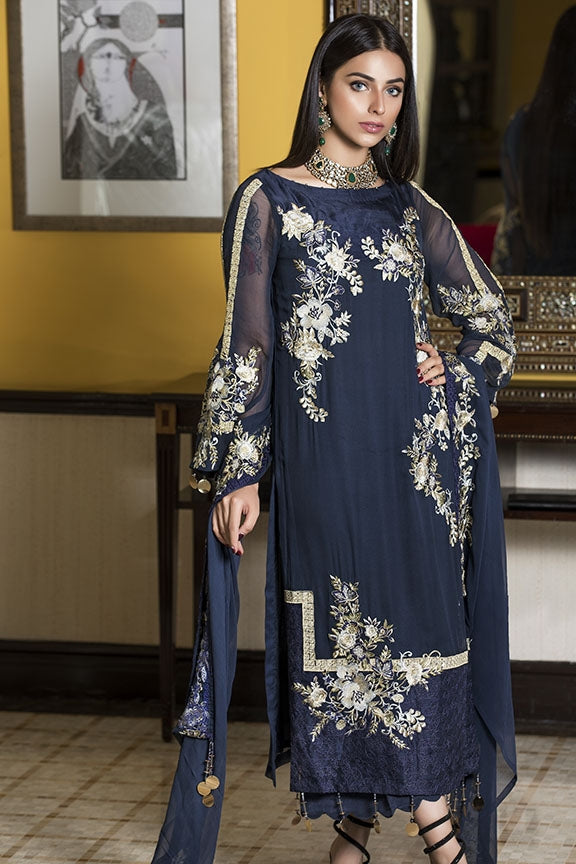 2127-BLUE-MAGIC EMBROIDERED BEMBERG CHIFFON UNSTITCHED