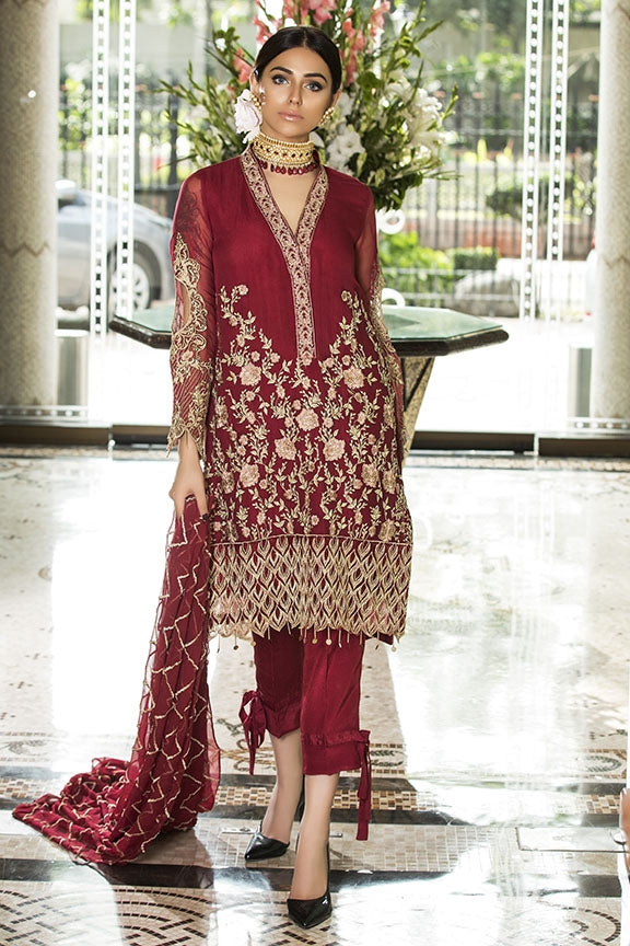 2128-CHERRY-RED EMBROIDERED BEMBERG CHIFFON UNSTITCHED
