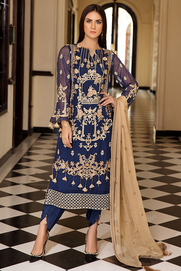 2182-Baroque-Blue Embroidered Bemberg Chiffon Unstitched – Motifz