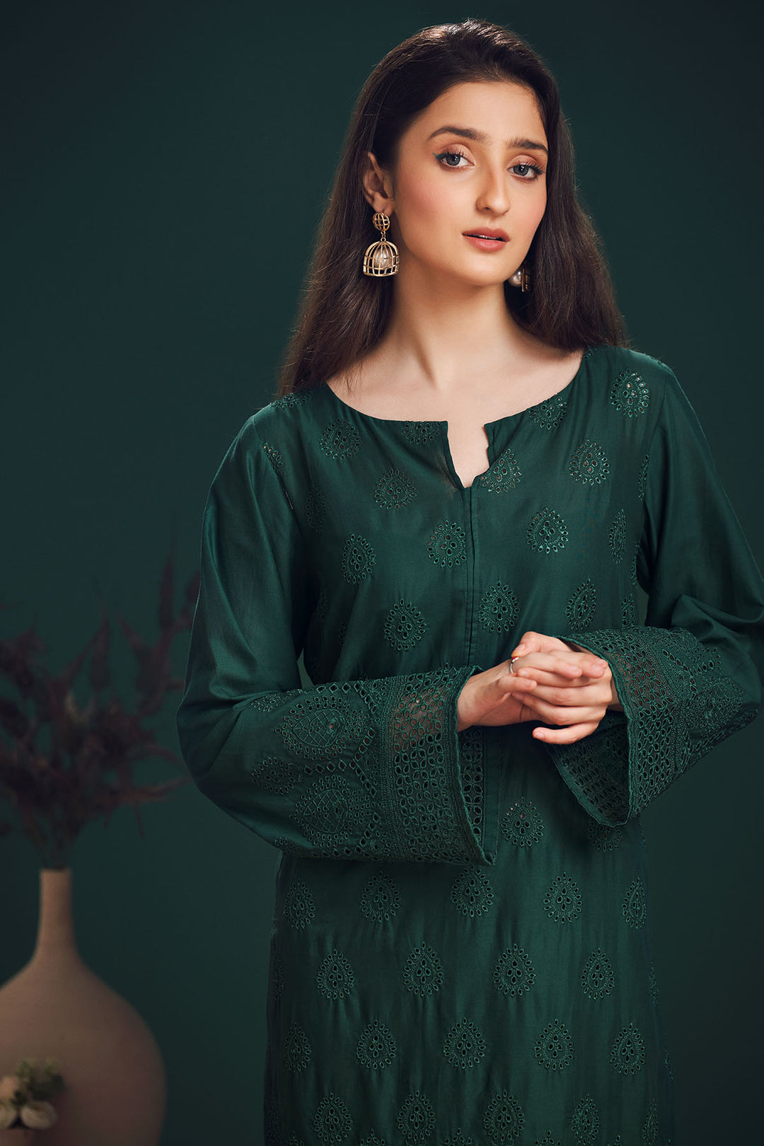 4000-BOTTLE-GREEN SCHIFFLI EMBROIDERED LAWN STITCHED