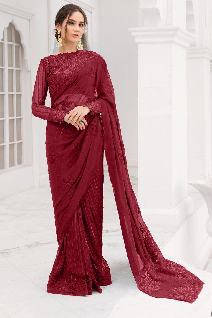 4037-RED EMBROIDERED BEMBERG CHIFFON UNSTITCHED