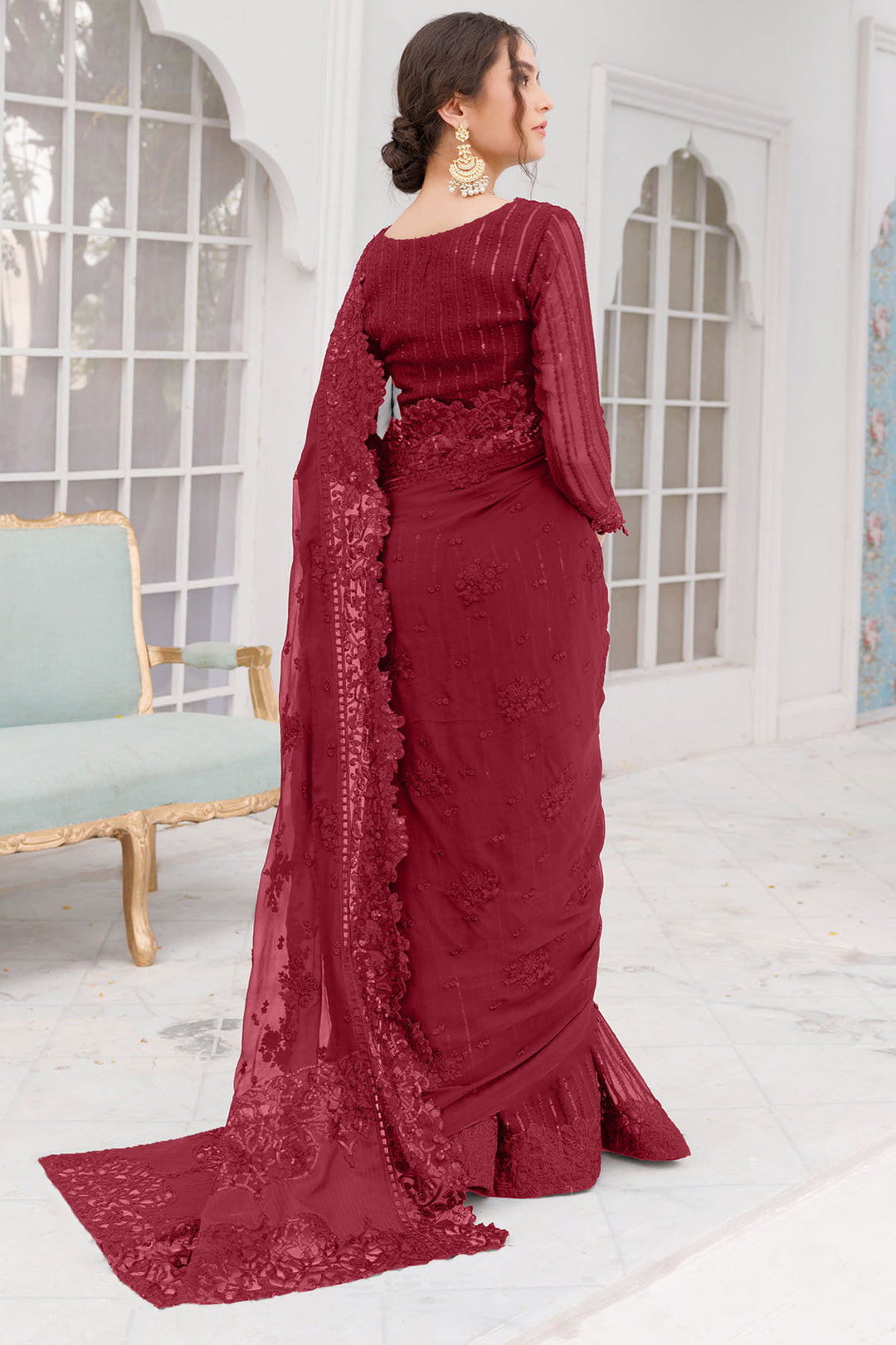 4037-RED EMBROIDERED BEMBERG CHIFFON UNSTITCHED