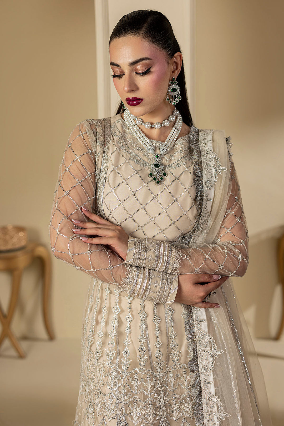 5131-DOVE EMBROIDERED SILK NET UNSTITCHED