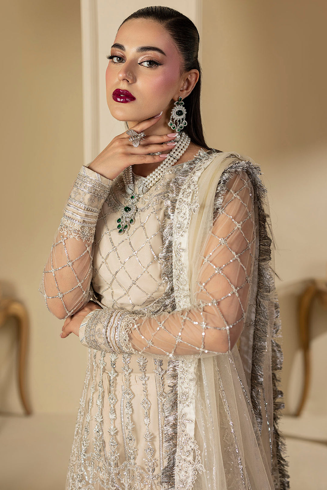 5131-DOVE EMBROIDERED SILK NET UNSTITCHED