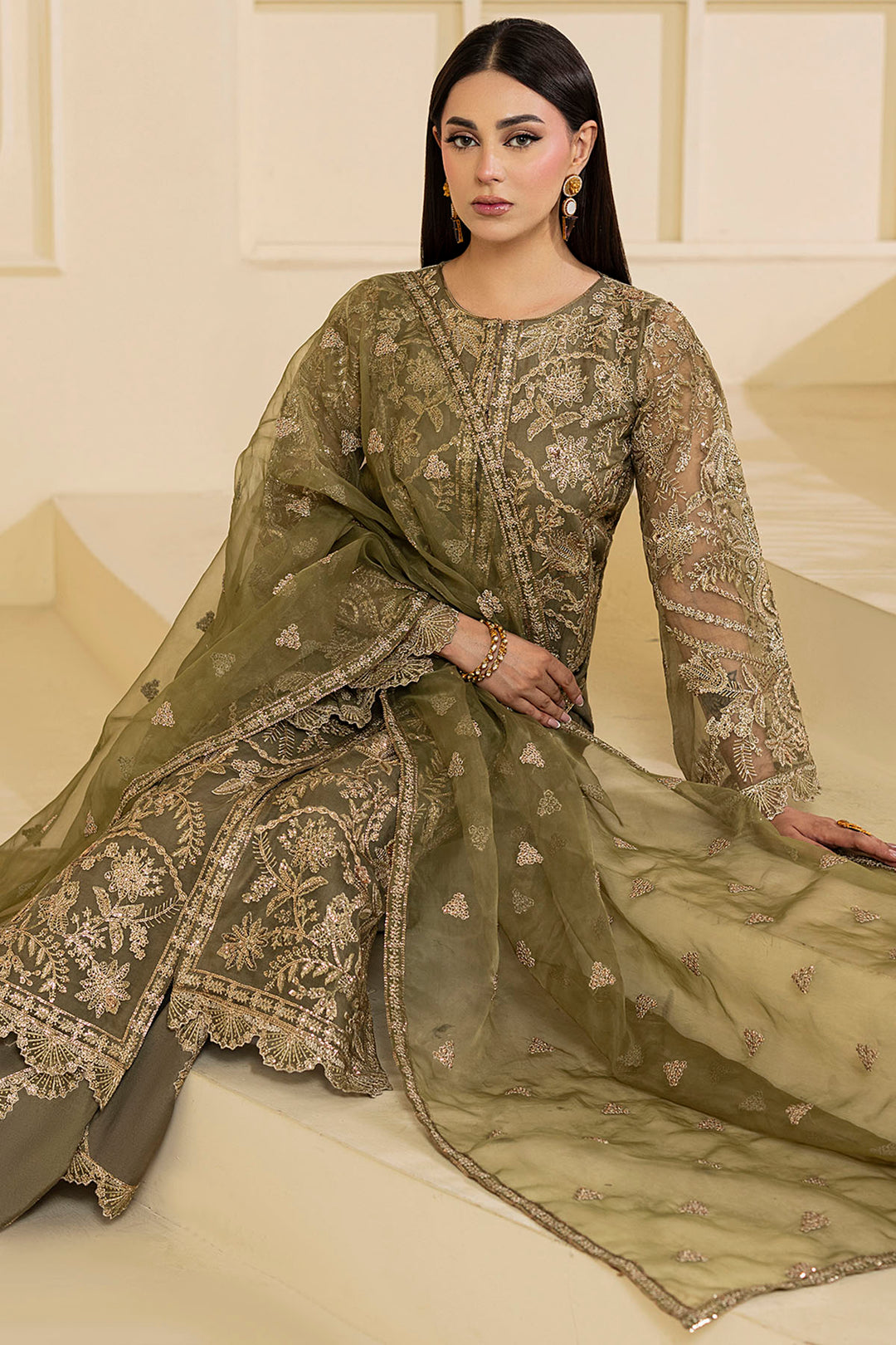 5137-GREEN EMBROIDERED ORGANZA STITCHED