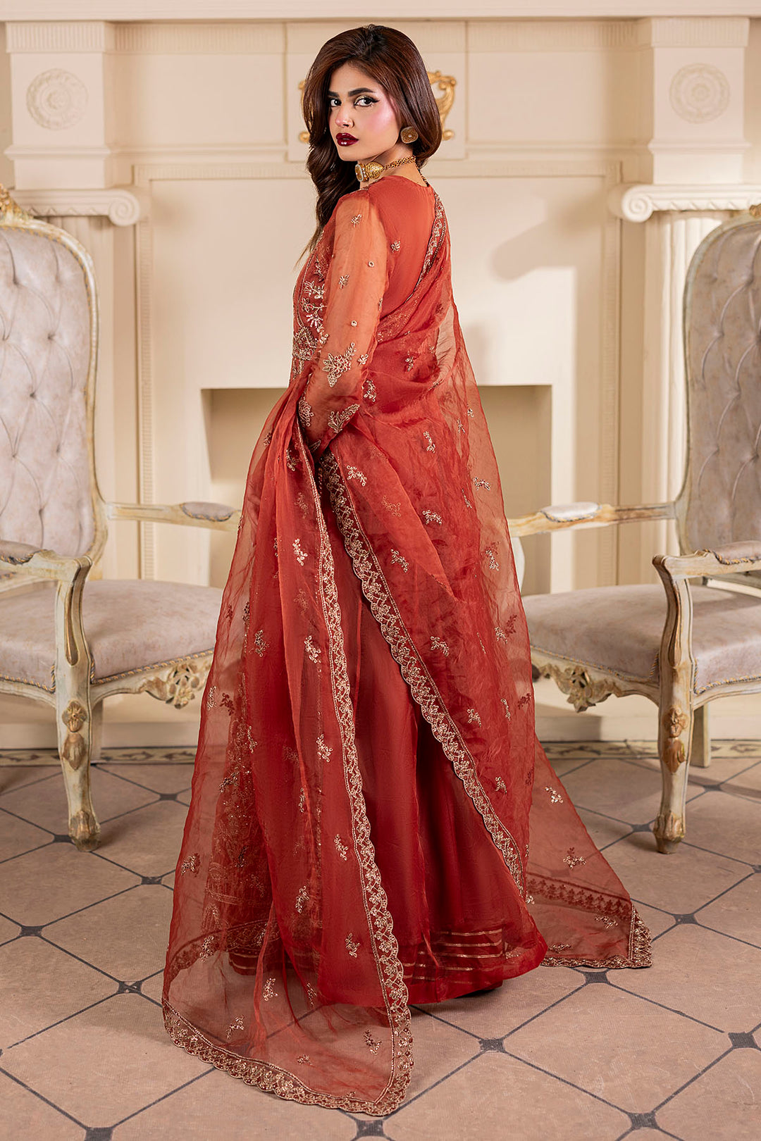 5139-BROWN EMBROIDERED ORGANZA STITCHED