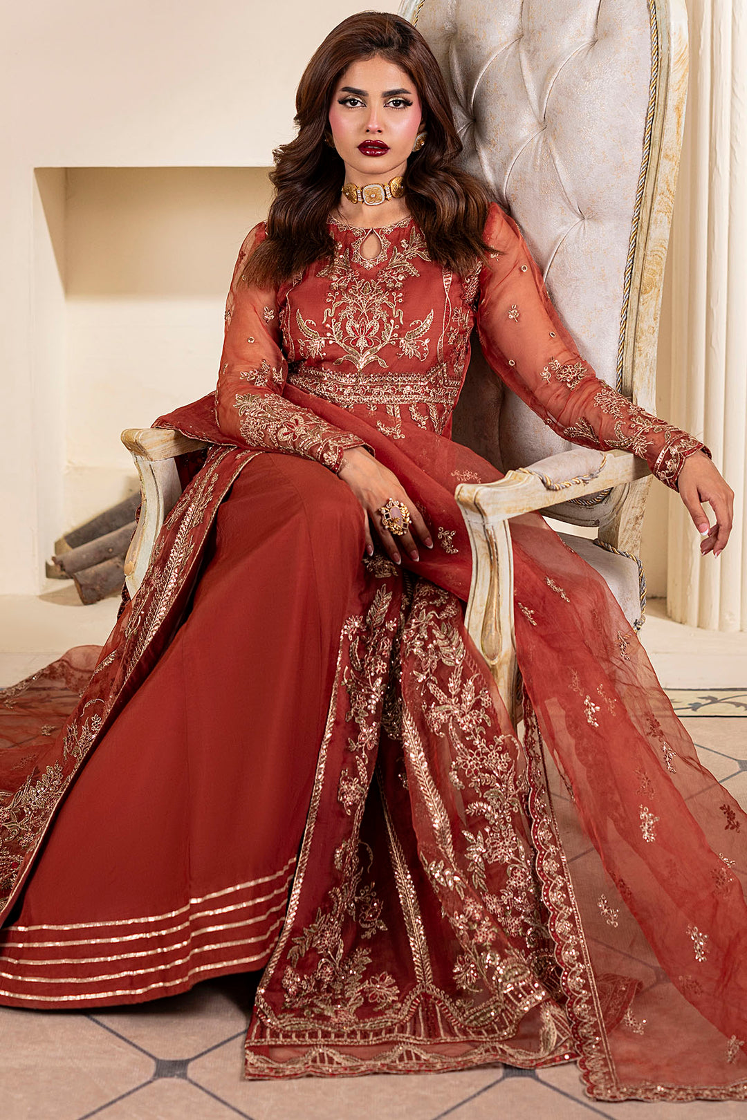 5139-BROWN EMBROIDERED ORGANZA STITCHED