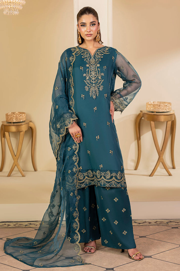 5245-TEAL EMBROIDERED ORGANZA STITCHED