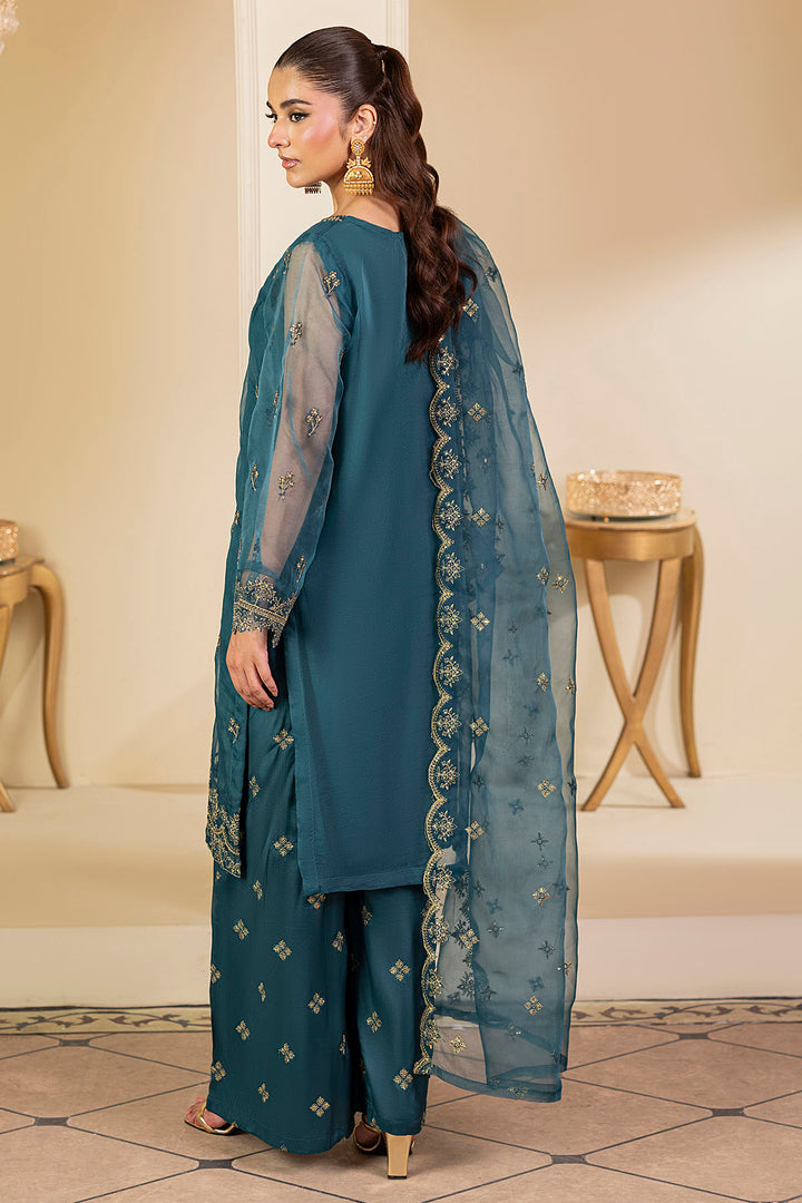 5245-TEAL EMBROIDERED ORGANZA STITCHED