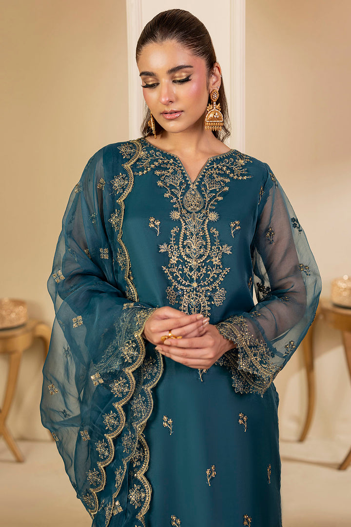 5245-TEAL EMBROIDERED ORGANZA STITCHED