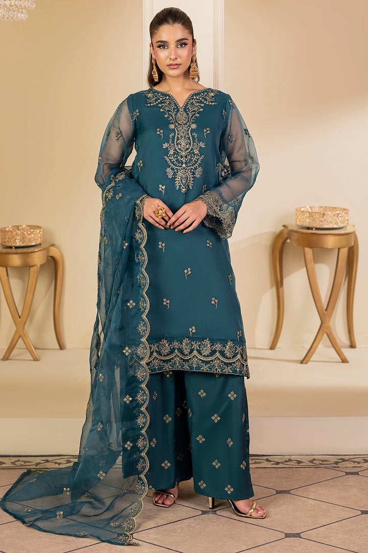 5245-TEAL EMBROIDERED ORGANZA STITCHED