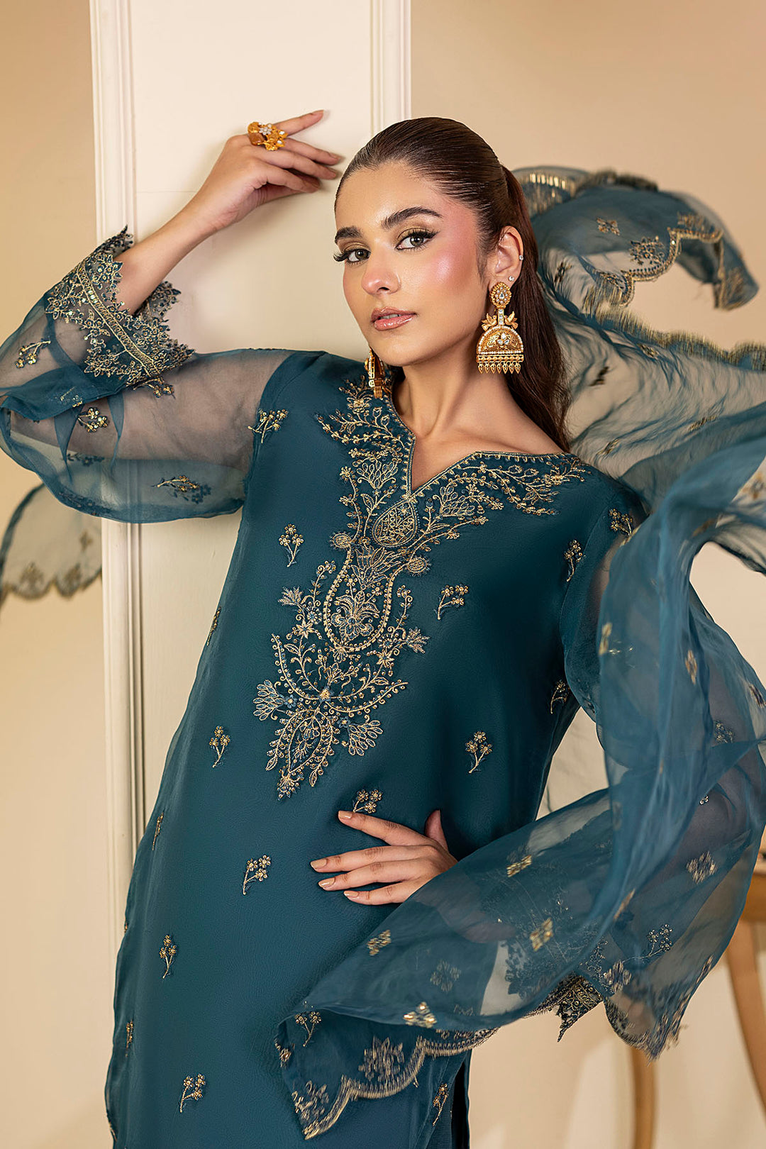 5245-TEAL EMBROIDERED ORGANZA STITCHED