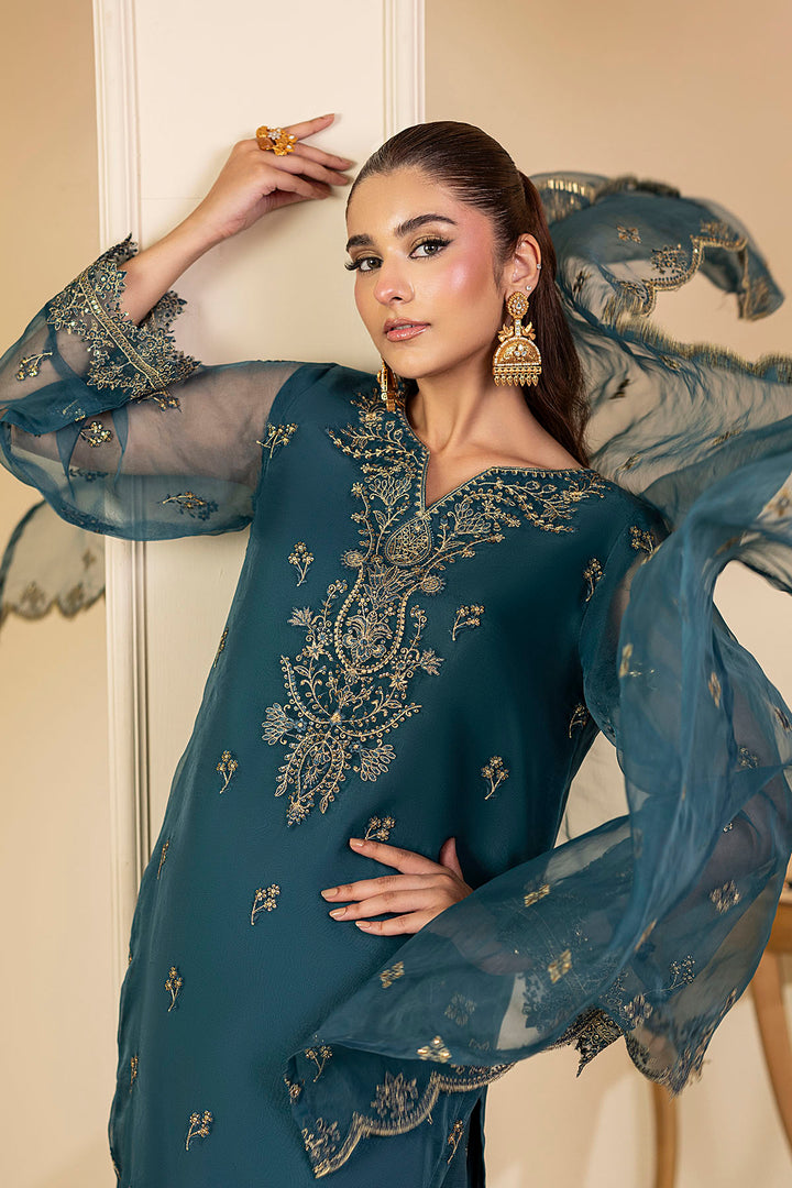 5245-TEAL EMBROIDERED ORGANZA STITCHED
