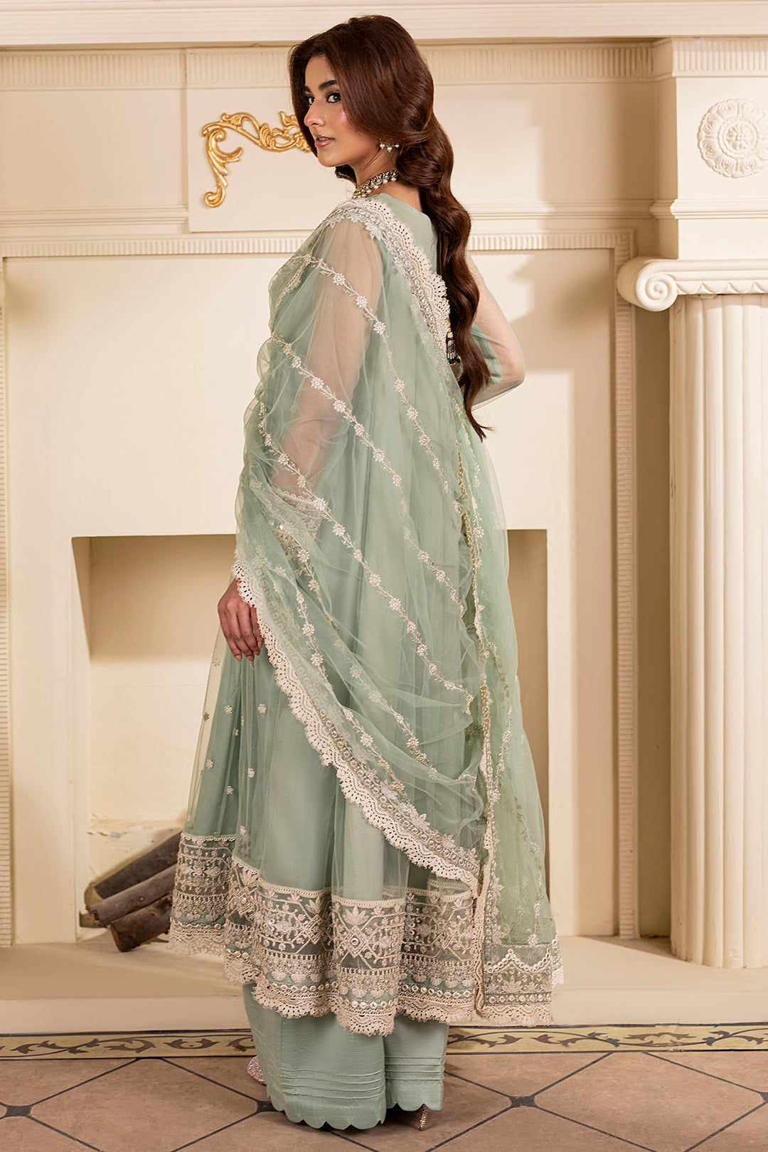5246-ESTI EMBROIDERED SILK NET STITCHED