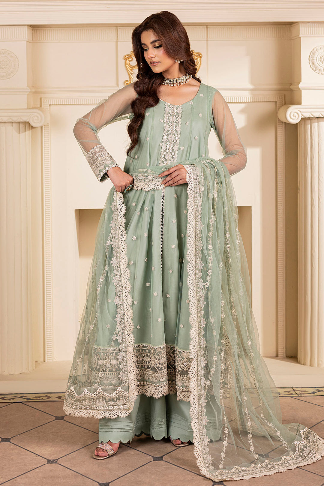 5246-ESTI EMBROIDERED SILK NET STITCHED