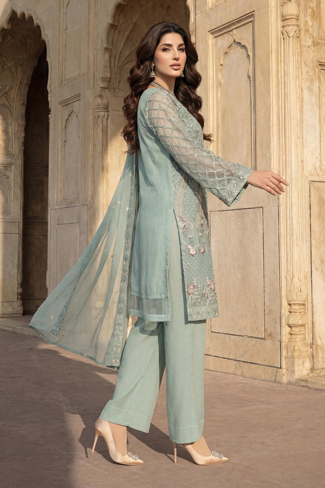 5342-ZOSIA EMBROIDERED SILK NET STITCHED