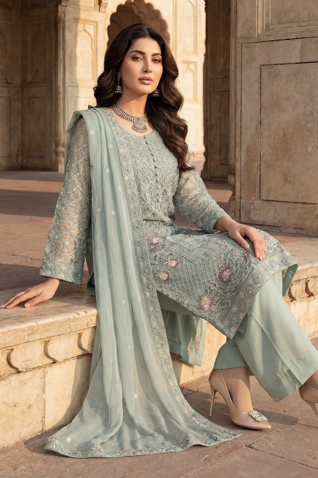 5342-ZOSIA EMBROIDERED SILK NET STITCHED