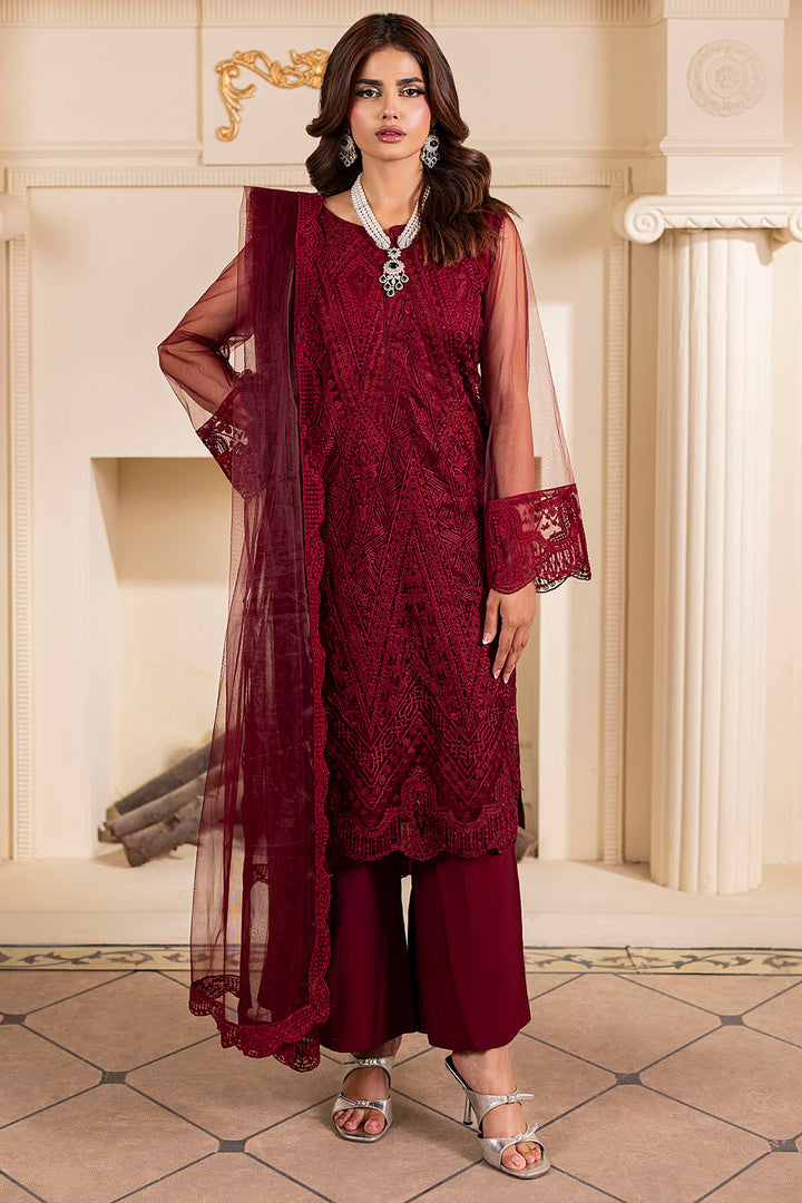 5348-RUBY EMBROIDERED SILK NET STITCHED