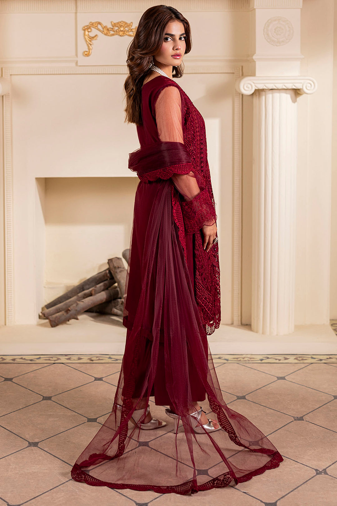 5348-RUBY EMBROIDERED SILK NET STITCHED