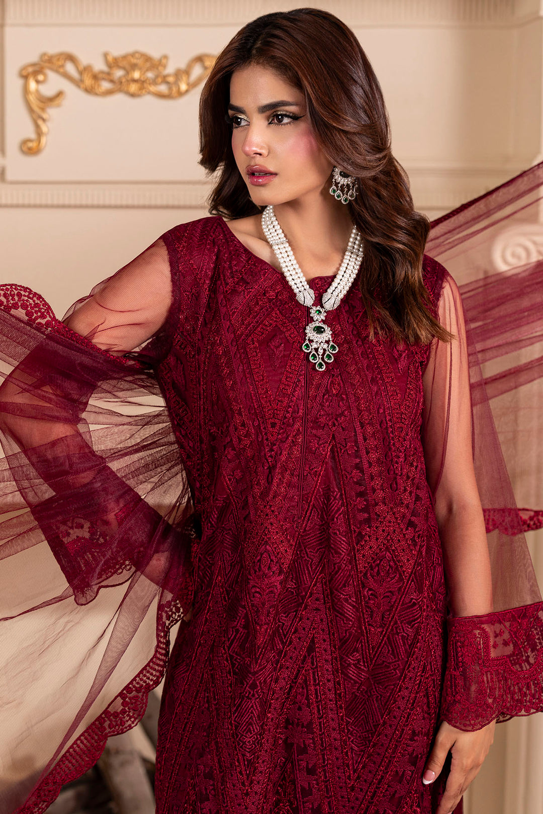 5348-RUBY EMBROIDERED SILK NET STITCHED